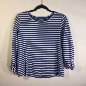 T by Talbots Blue White Striped Top M 3/4 Sleeve Tie Cuff Keyhole Back